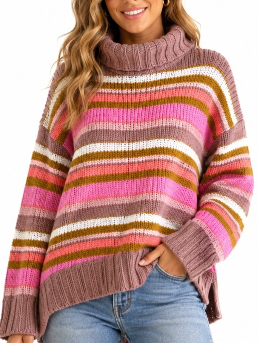 Aerie Cozy Colorblock Striped Turtleneck XS Sweater Oversized